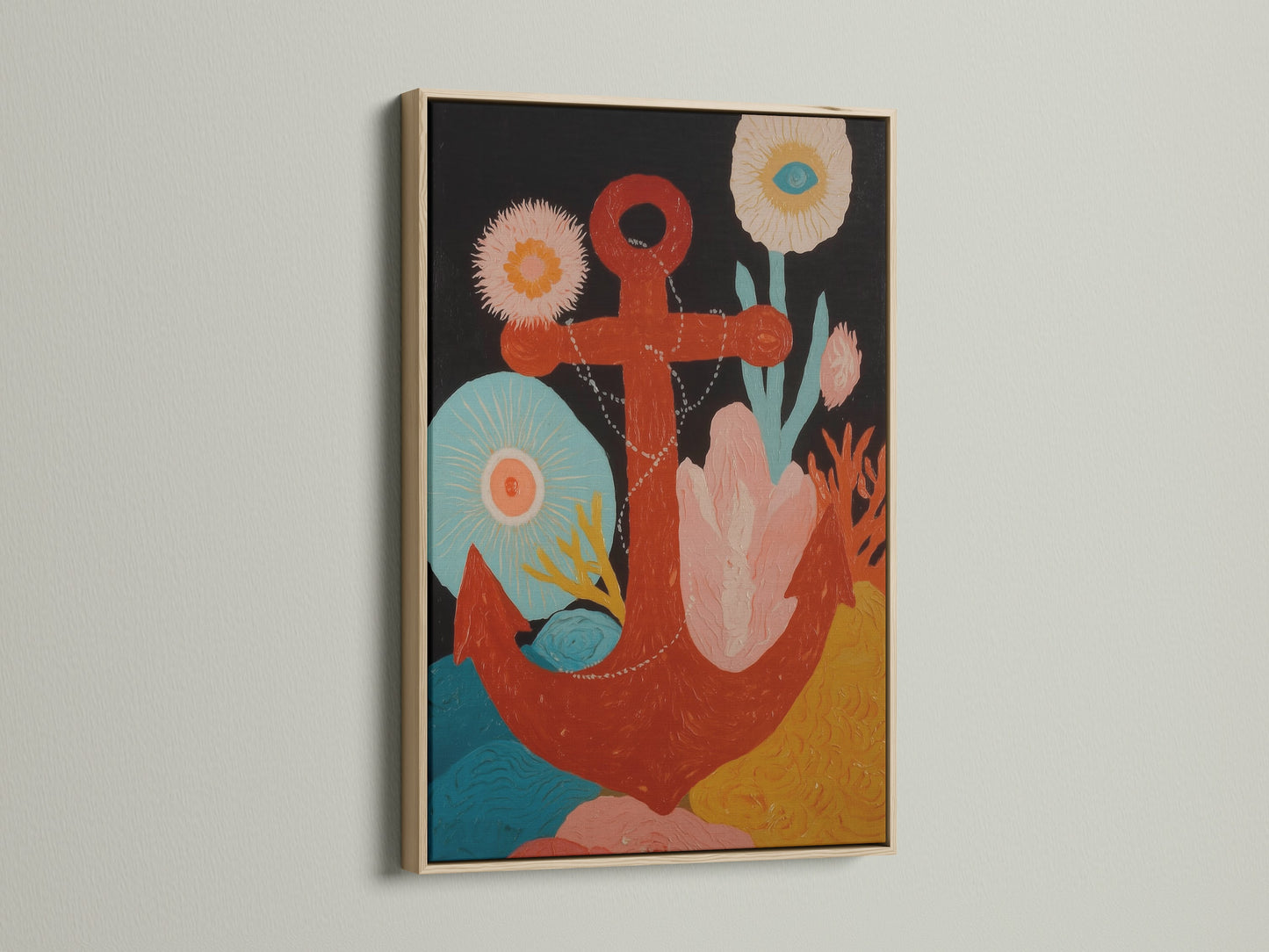 Nautical Anchor Artwork in an Oak Frame. This marine artwork brings a coastal vibe to any room. The red anchor stands out against a black background with sea plants. Add a touch of the ocean to your space with this beautiful print.