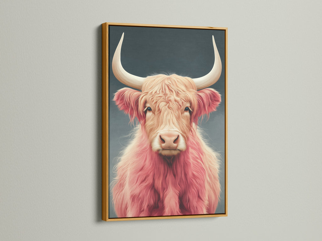 Gold frame showcasing a pink Highland Cow. This fluffy cattle art is a statement piece. This animal canvas art elevates your decor. Bring home this Scottish cow decor today. Perfect for any room.