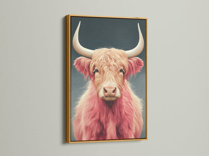 Gold frame showcasing a pink Highland Cow. This fluffy cattle art is a statement piece. This animal canvas art elevates your decor. Bring home this Scottish cow decor today. Perfect for any room.