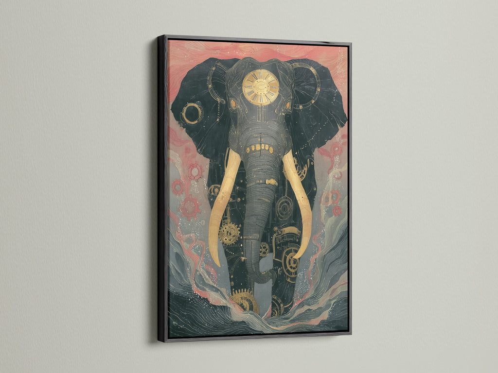 Steampunk Elephant artwork framed in a black frame. The mechanical animal art brings an industrial vibe. Ideal for a study room or office. This vintage wall art is a bold decor choice.