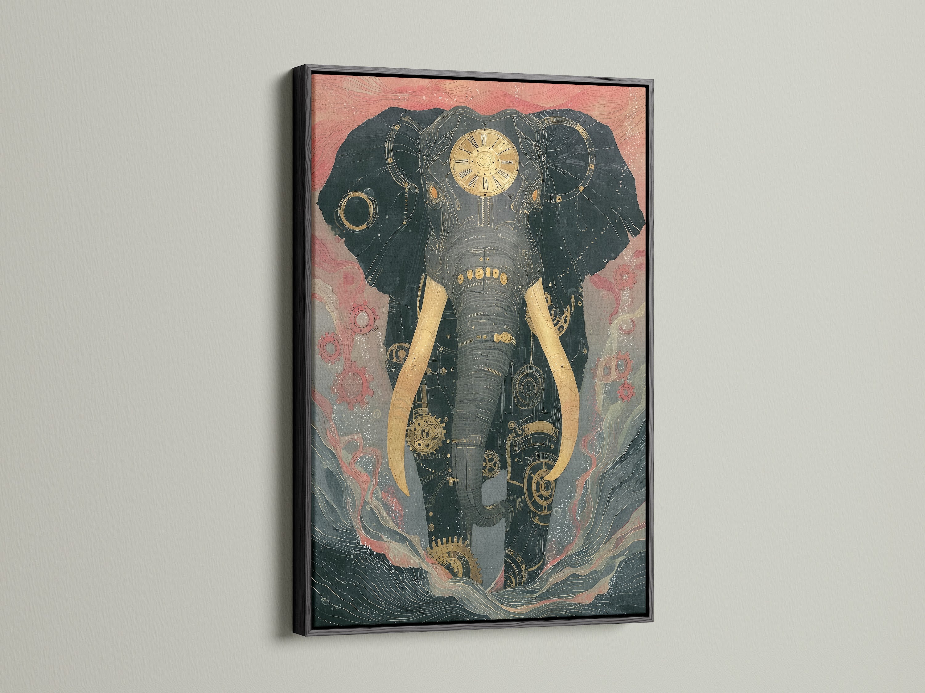 Steampunk Elephant artwork framed in a black frame. The mechanical animal art brings an industrial vibe. Ideal for a study room or office. This vintage wall art is a bold decor choice.