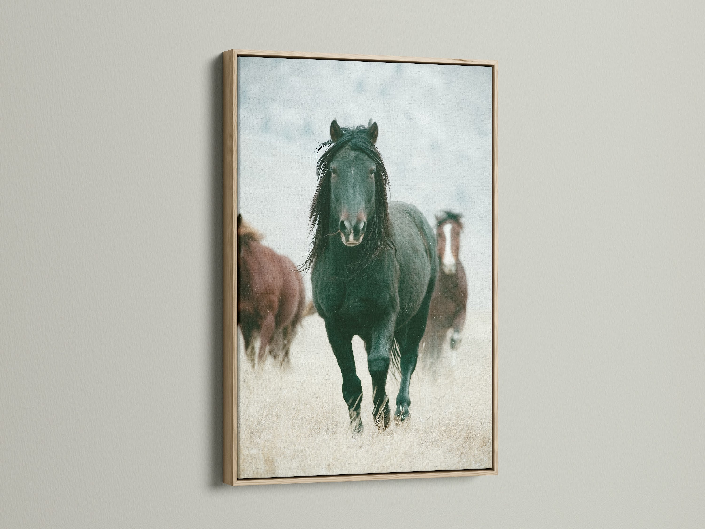 Wild horses artwork in an oak frame. This rustic artwork adds a touch of the Wild West to any room. Perfect for living rooms bedrooms or offices seeking a country or farmhouse style. This artwork is great for ranchers or anyone that appreciates wildlife art. This art brings nature inside.