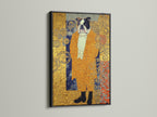 Klimt Style Bulldog Art Print is displayed in a sleek black frame. This piece of art is a dog portrait print with gold ornate art. It's a striking animal canvas art that elevates office wall decor. This golden wall art brings an ornamental touch. It's an ideal gift for dog lovers.