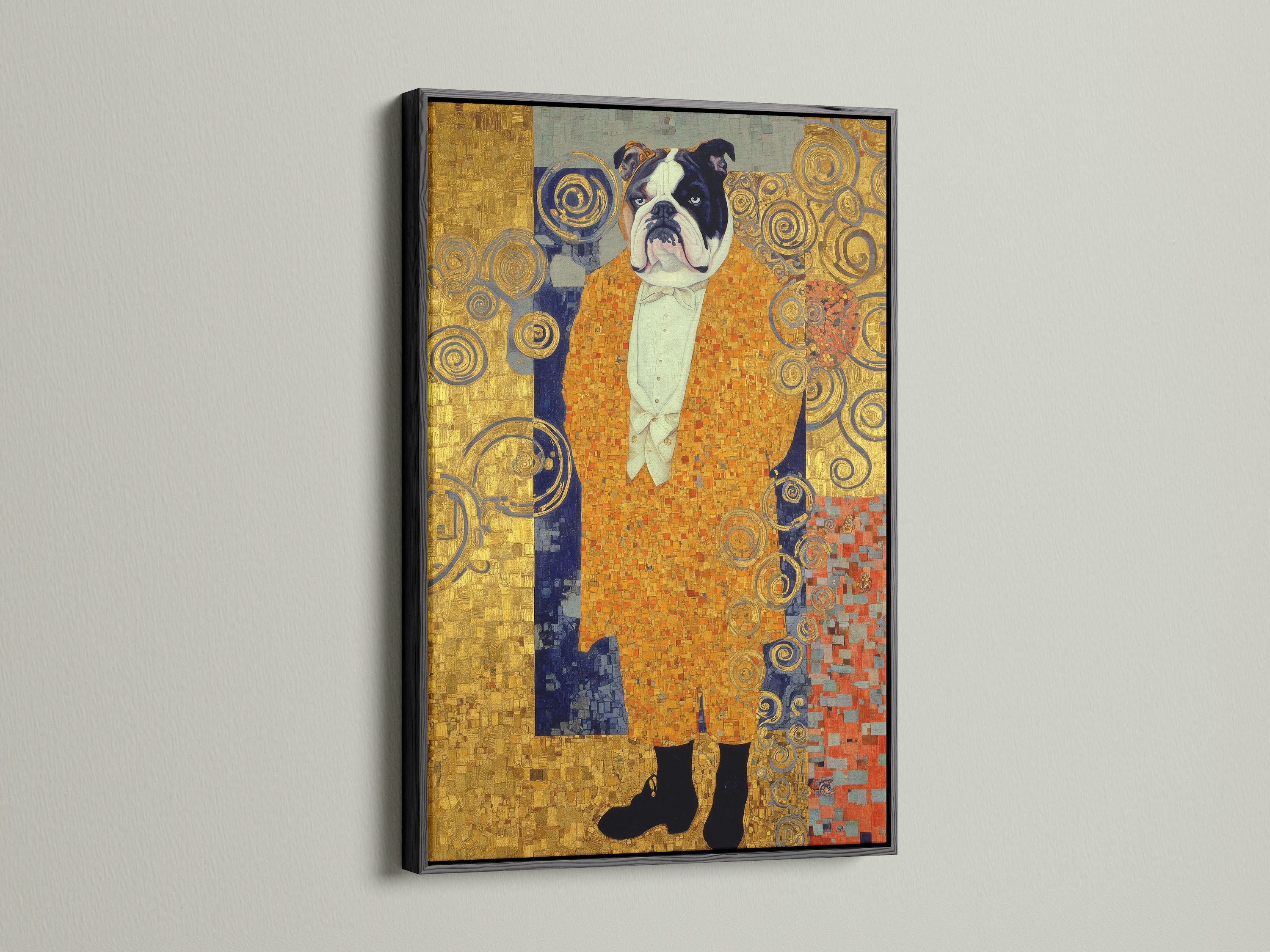 Klimt Style Bulldog Art Print is displayed in a sleek black frame. This piece of art is a dog portrait print with gold ornate art. It's a striking animal canvas art that elevates office wall decor. This golden wall art brings an ornamental touch. It's an ideal gift for dog lovers.