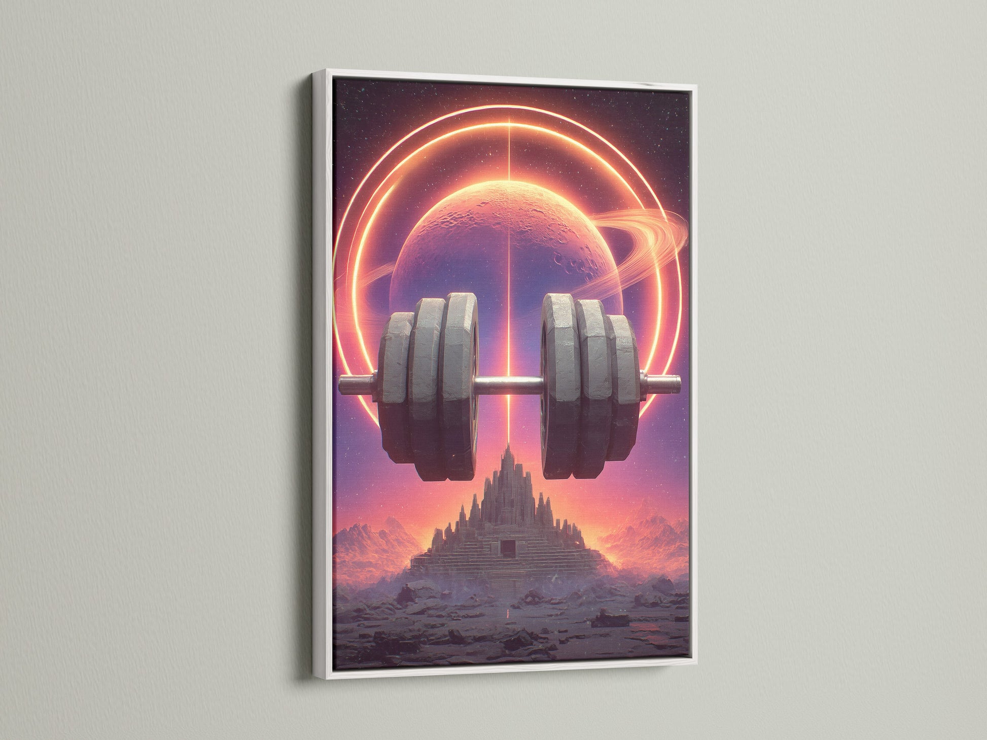 This is the white frame option. This neon wall art is great for space fitness art. The gym canvas print will look great in any workout room. Consider this sci-fi poster.