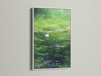 A white frame showcases a stunning swan art. The artwork captures the grace of a swan on a pond. The white frame adds a clean and modern look. It allows the artwork to stand out. This piece becomes a focal point.
