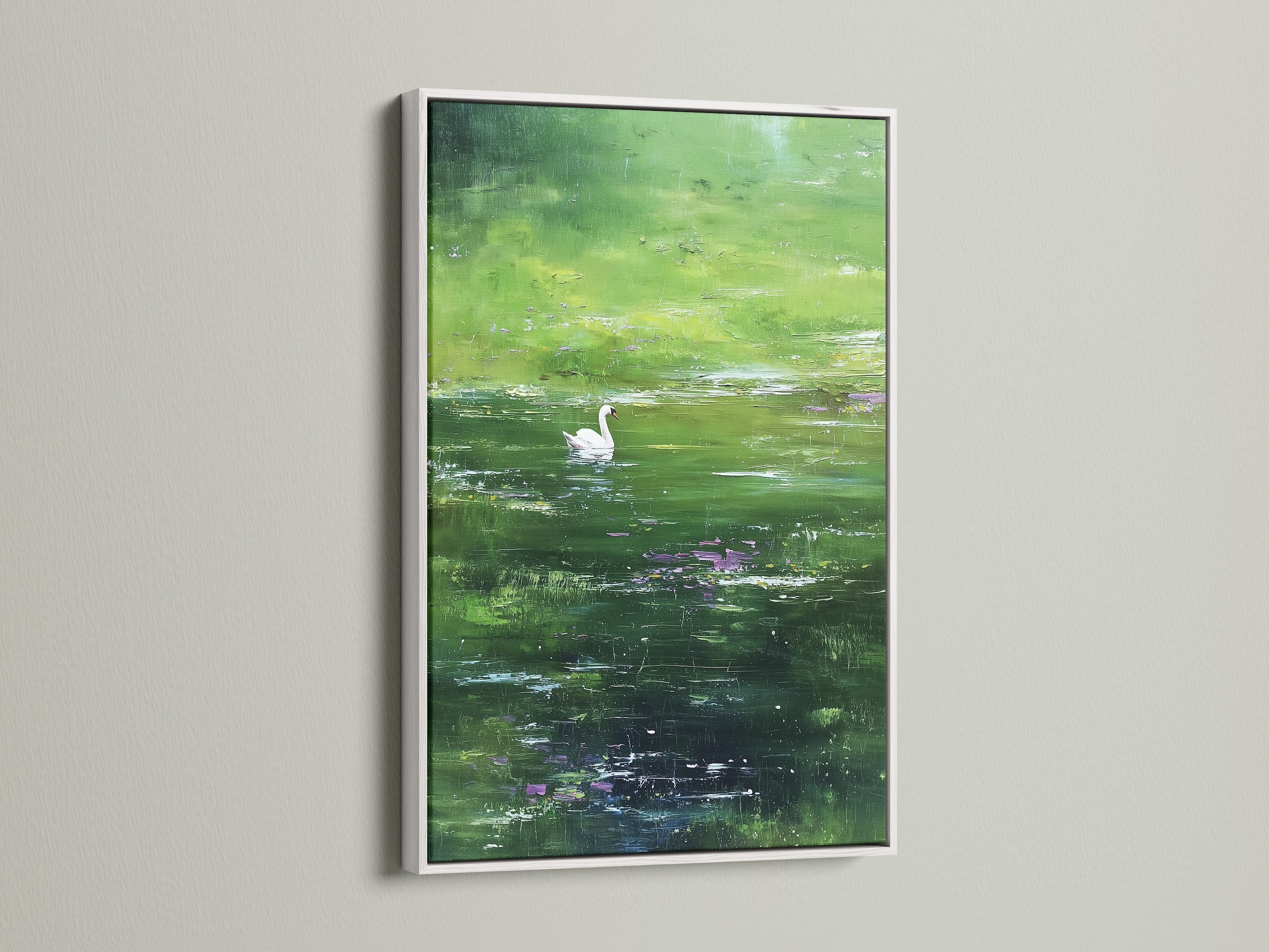 A white frame showcases a stunning swan art. The artwork captures the grace of a swan on a pond. The white frame adds a clean and modern look. It allows the artwork to stand out. This piece becomes a focal point.