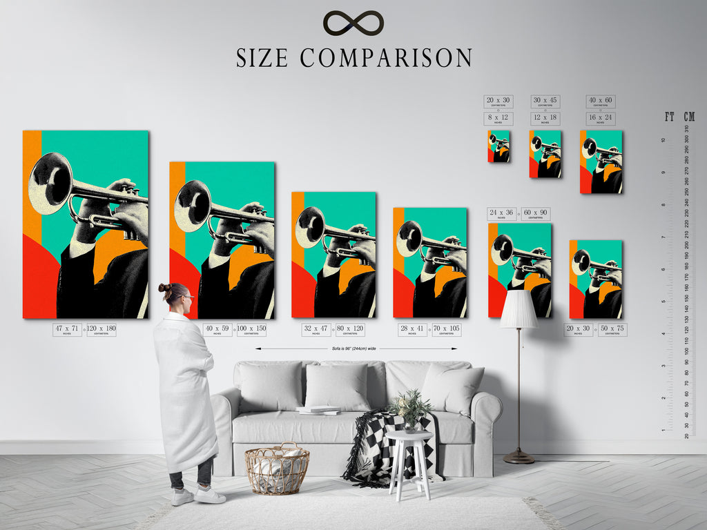 A size comparison chart is displayed in an interior setting. This helps visualize the jazz trumpet artwork in different sizes. This is perfect for planning your wall decor. Find the ideal fit for your space. Explore options for canvas prints and posters now. Make the perfect choice for your home.