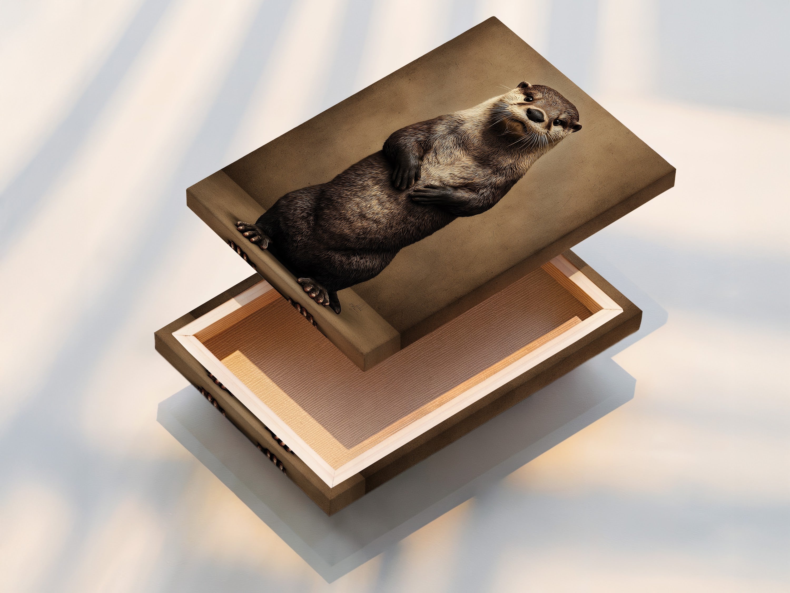 Stretched canvas print featuring an otter art print. The animal art print is a cute wildlife canvas. Ideal for nursery wall decor and bathroom wall art. The otter artwork adds charm to any room. This whimsical art is perfect for animal lovers. It complements contemporary and Scandinavian styles