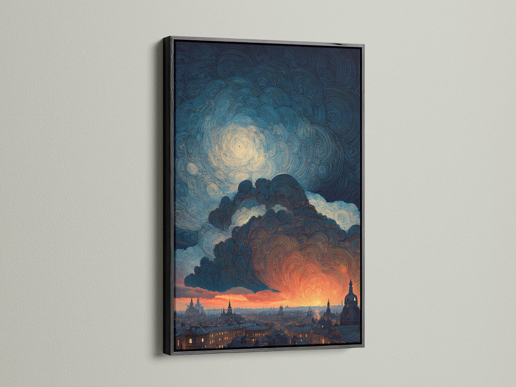 The Swirling Sky artwork presented in a black frame. The dark frame makes the colors pop. This fine art canvas features a dramatic cloudscape over a city. A black frame complements rustic industrial and eclectic styles. It is a bold choice for any room.