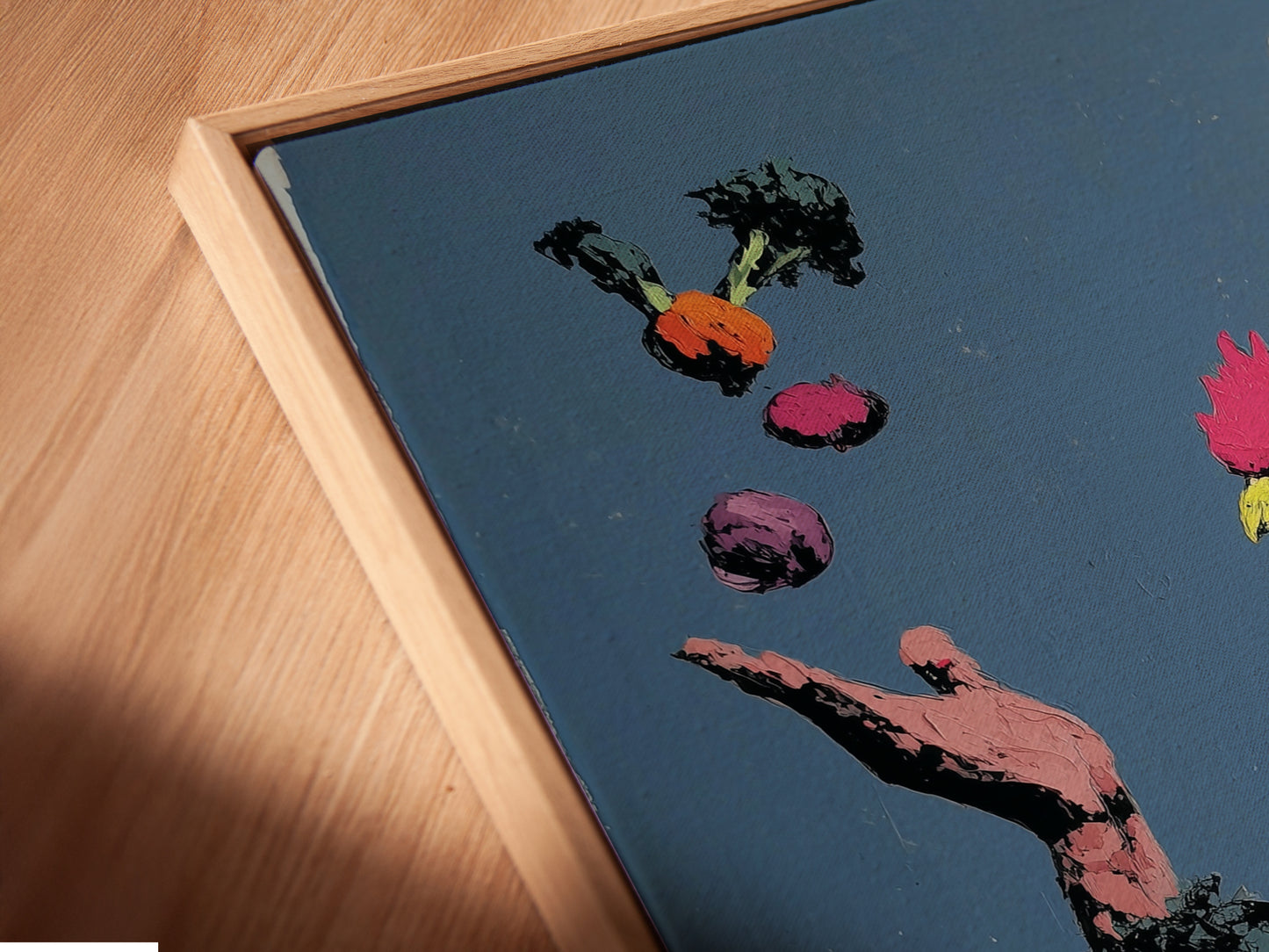 Close-up angled view of a canvas print in a floating frame. The floating frame gives the Rooster Chef art a modern look. This kitchen canvas appears to float. It enhances the contemporary aesthetic. Perfect for a unique wall decor statement. Explore the floating frame option.