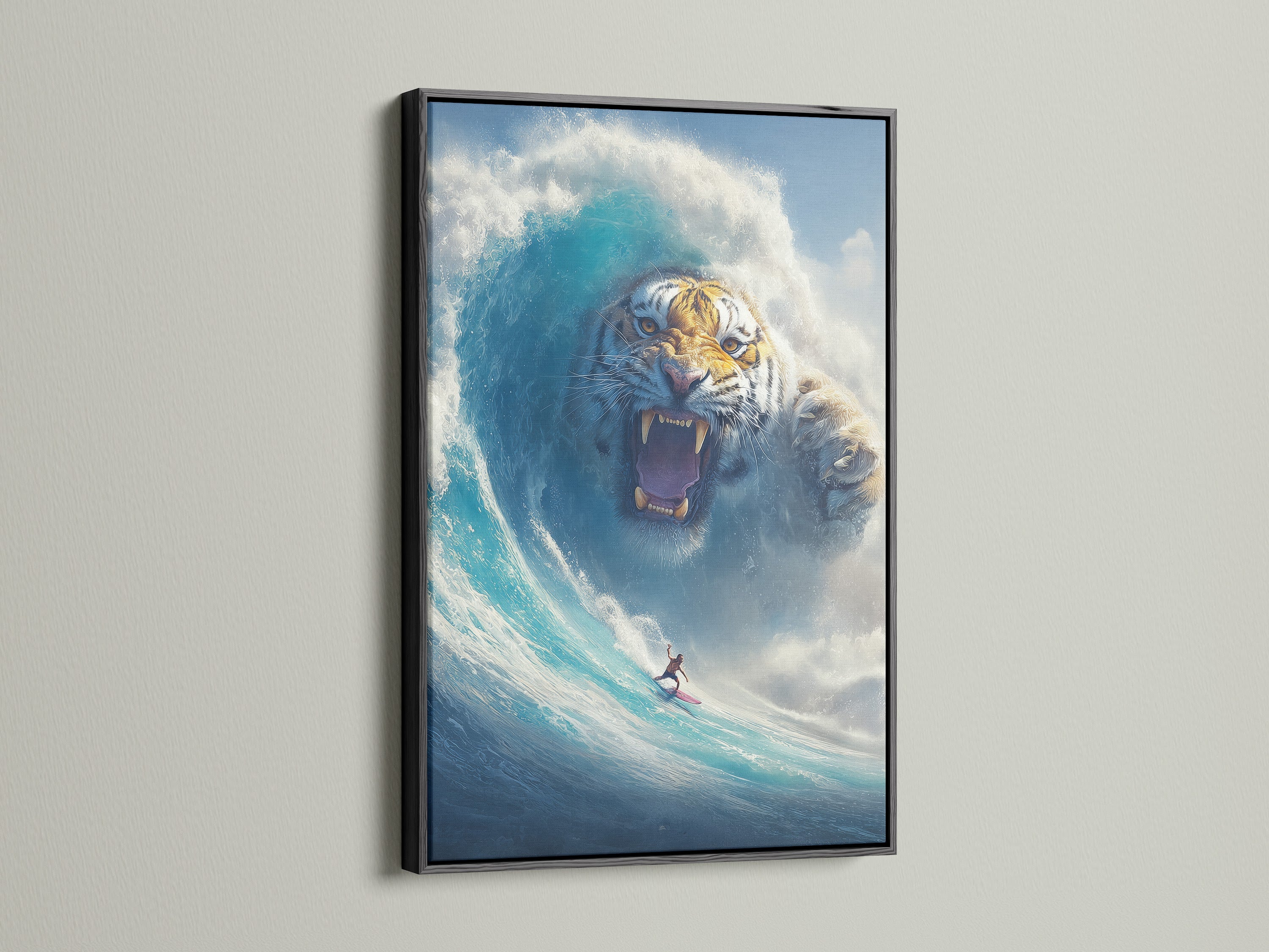 Surreal tiger wave art in a black frame. A surfer rides a blue ocean wave. The tiger is a fantasy animal. This mystical canvas art will enhance any decor. Great for living room wall art.