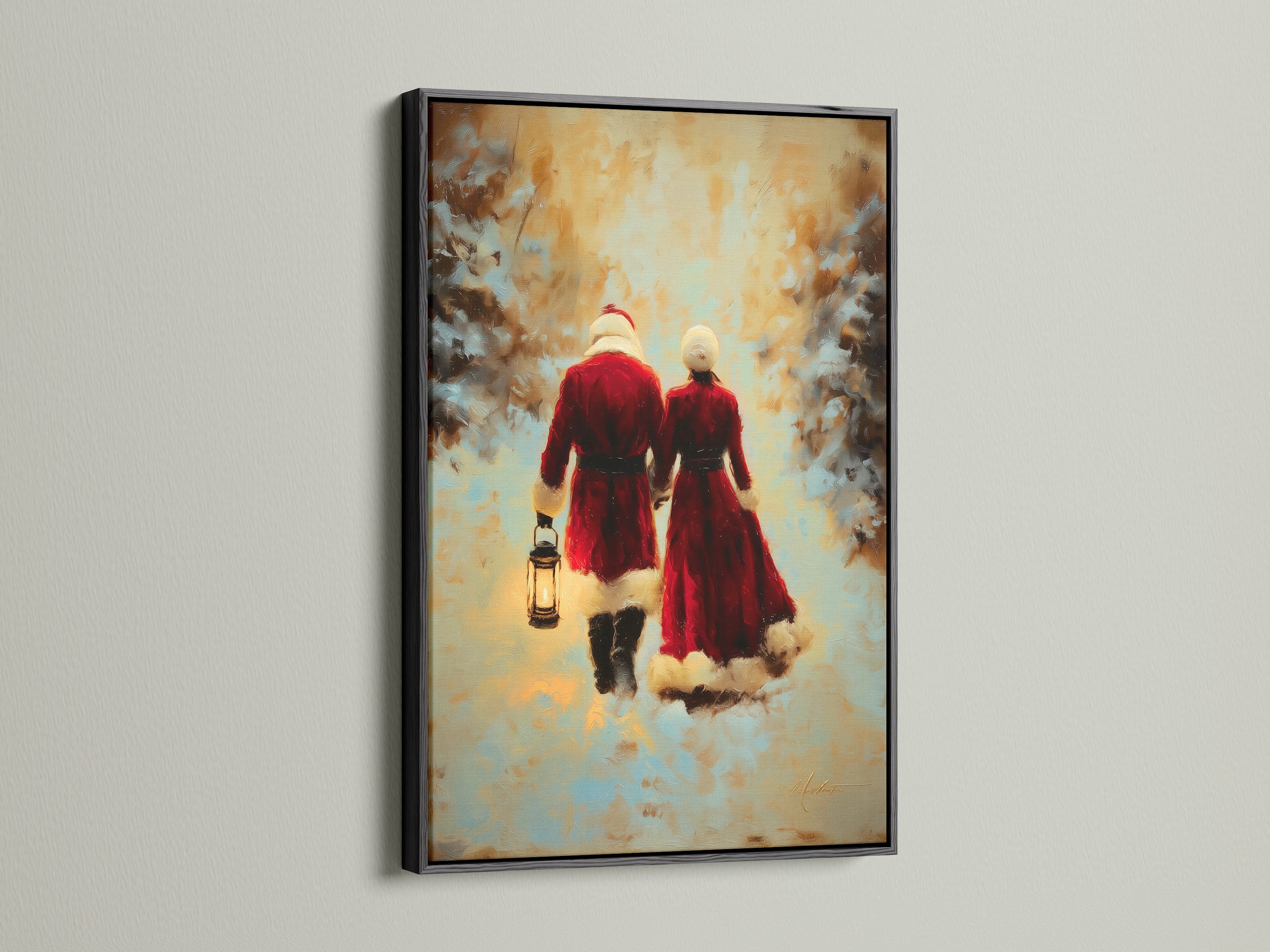 Elevate your space with our black framed artwork. This Christmas canvas showcases a beautiful winter scene. The black frame offers a sleek look. Perfect for holiday wall decor.