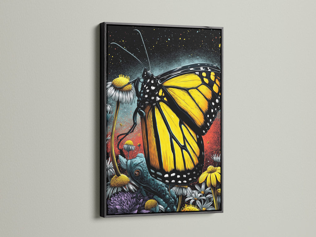 Modern Monarch Butterfly art print in a black frame. This nature-inspired artwork features a beautiful floral insect canvas. Enhance your home or office wall art with this butterfly print. The yellow accents add a pop of color.