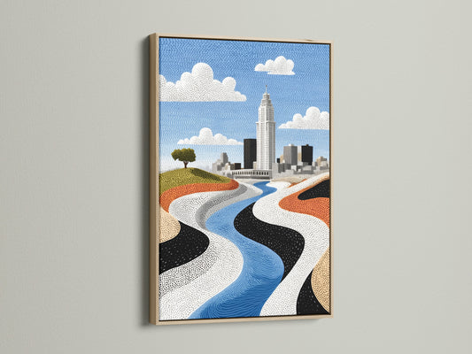 This is an oak framed city skyline artwork. It features a modern river landscape. The urban abstract print is perfect for office wall decor. It adds a contemporary touch to any space.