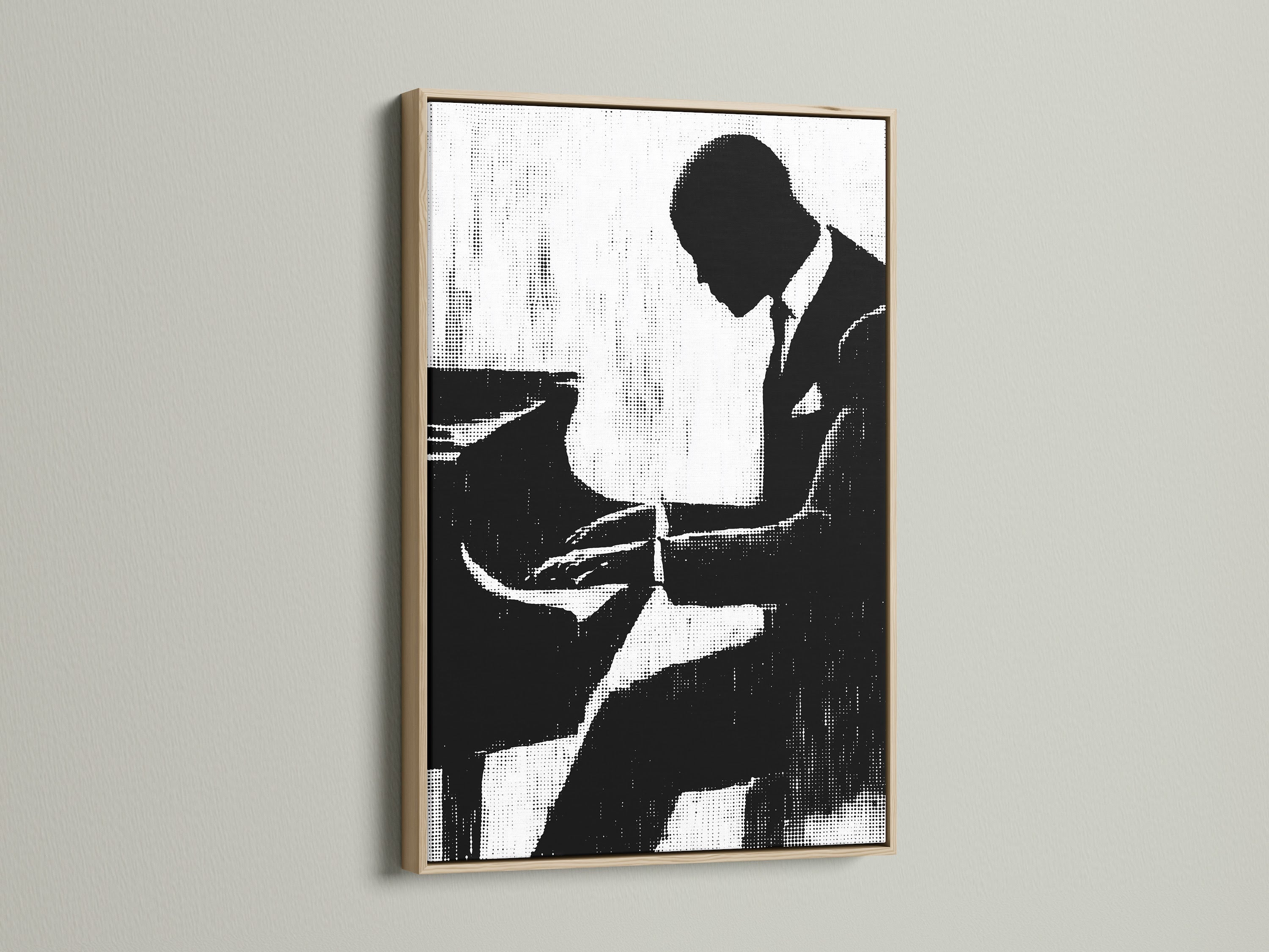 Here's a musician silhouette art print showcased in an oak frame. It's black and white jazz wall art. Perfect vintage music poster for office decor. This musician art print complements minimalist and contemporary styles.