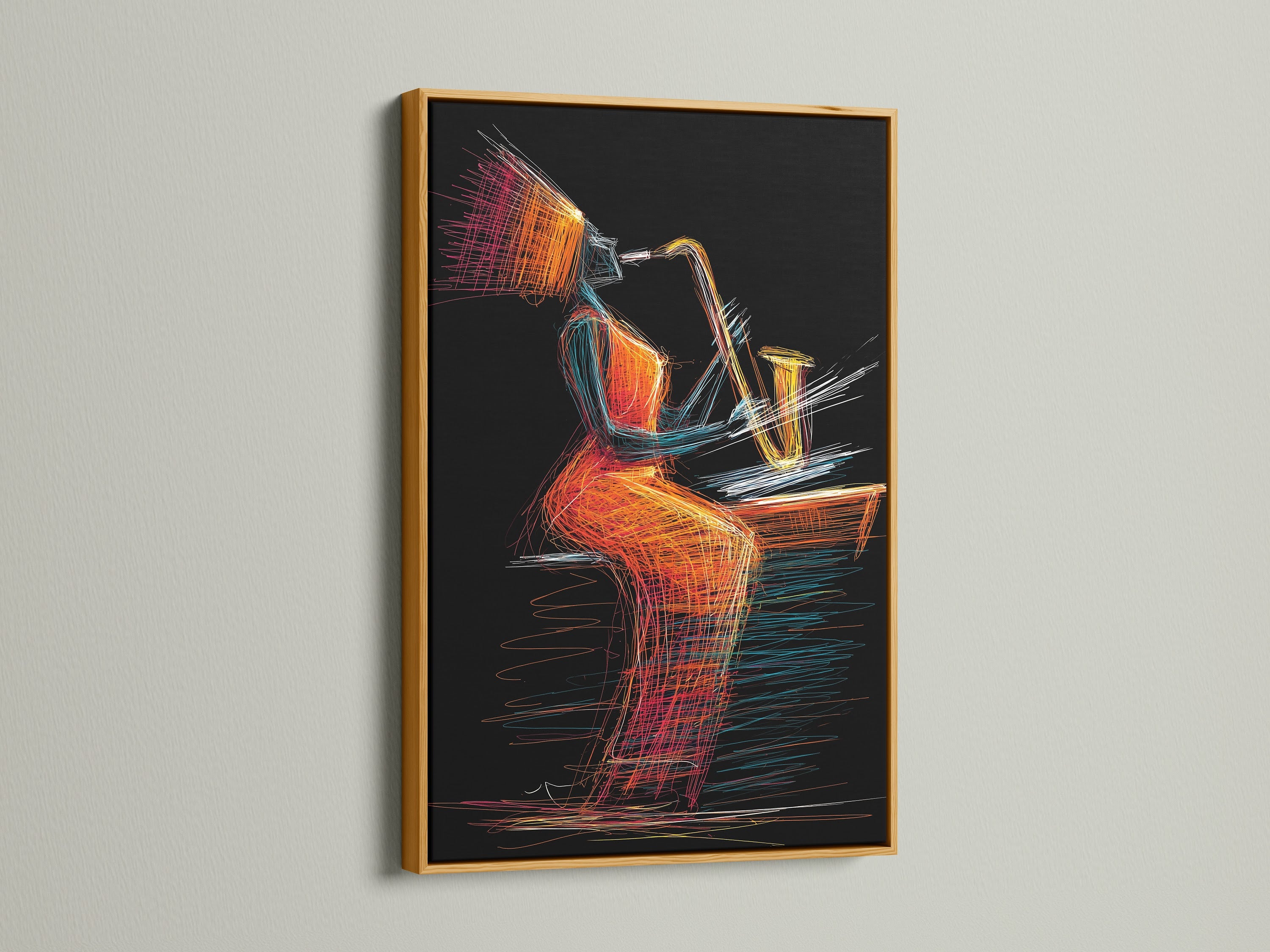 Jazz saxophone player artwork in a gold frame. This abstract music wall art features vibrant colors. It is perfect for creating a focal point in any room. Add a touch of elegance to your music room with this art.