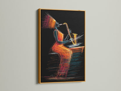 Jazz saxophone player artwork in a gold frame. This abstract music wall art features vibrant colors. It is perfect for creating a focal point in any room. Add a touch of elegance to your music room with this art.