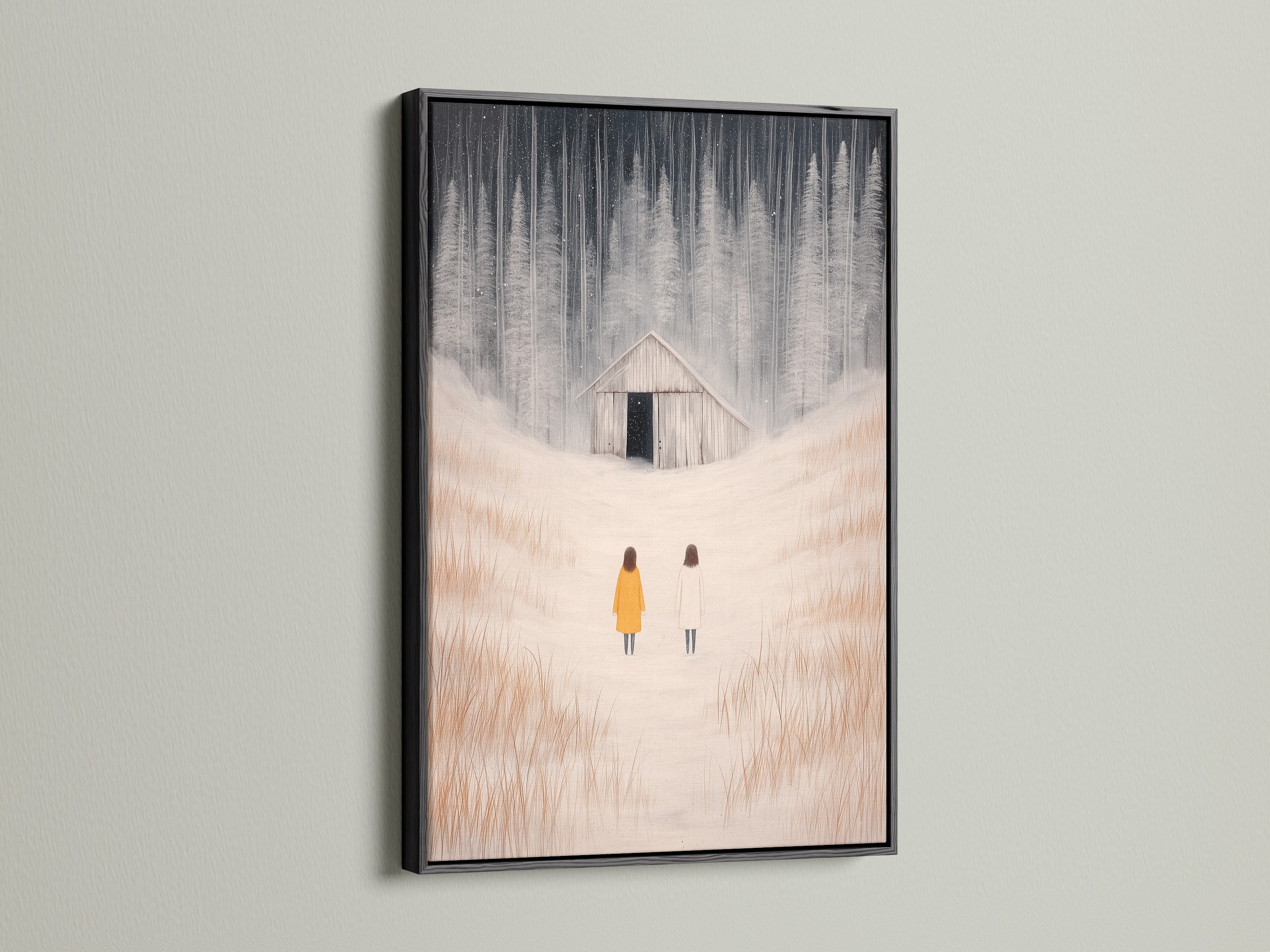 The black frame highlights the winter landscape artwork. Figures stand in a serene snowy field. This minimalist piece fits modern interiors. It's a stylish choice for wall art.
