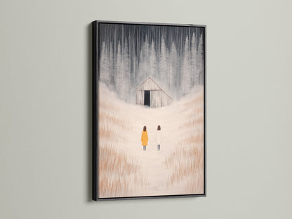 The black frame highlights the winter landscape artwork. Figures stand in a serene snowy field. This minimalist piece fits modern interiors. It's a stylish choice for wall art.
