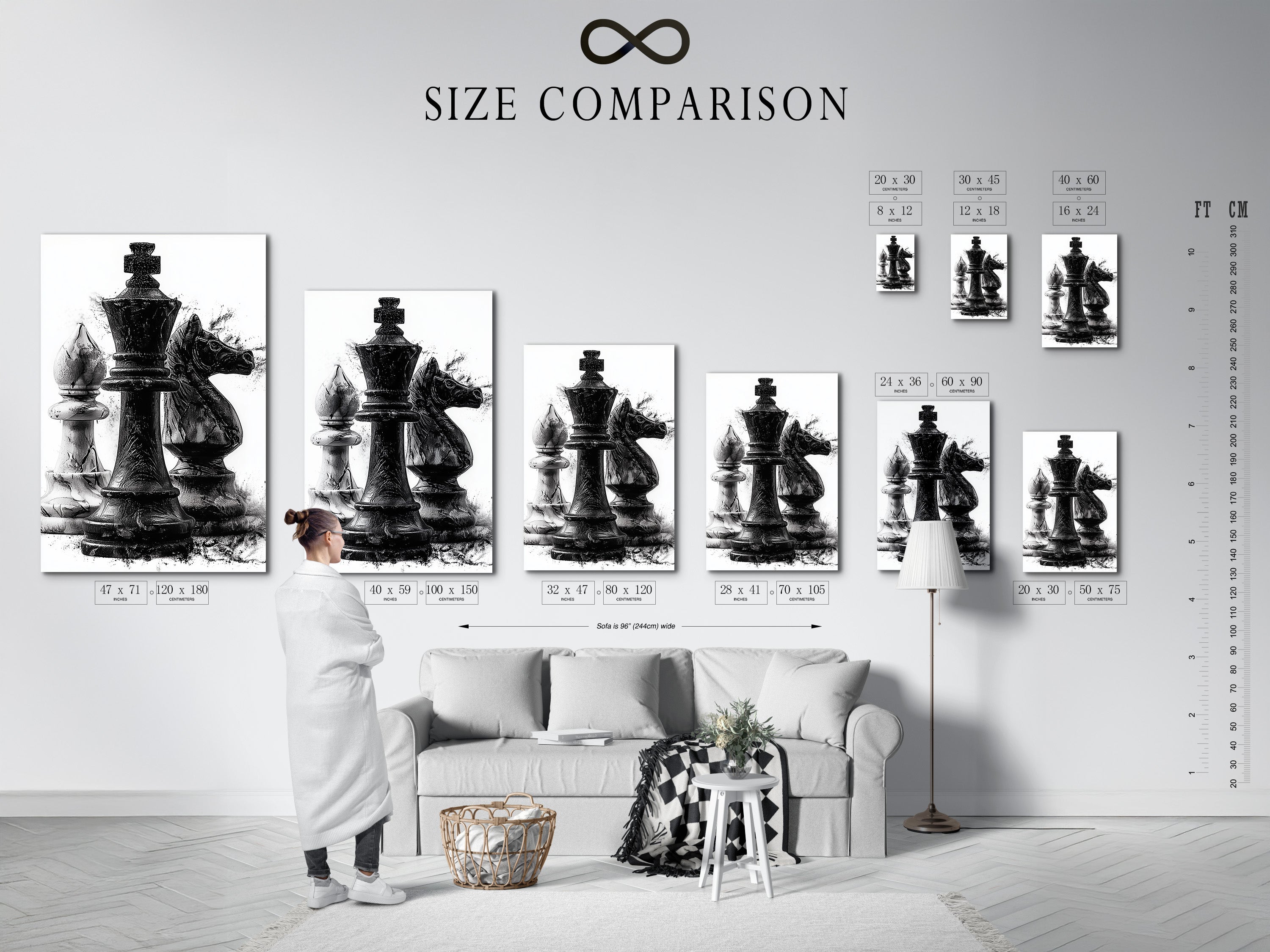 A size comparison chart is displayed in an interior setting. The chart showcases various artwork sizes. It helps visualize how each size fits in a room. This is perfect for planning your art arrangement. The chart provides a useful reference for choosing the right size. It is a helpful tool for interior decor.