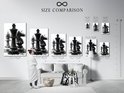A size comparison chart is displayed in an interior setting. The chart showcases various artwork sizes. It helps visualize how each size fits in a room. This is perfect for planning your art arrangement. The chart provides a useful reference for choosing the right size. It is a helpful tool for interior decor.