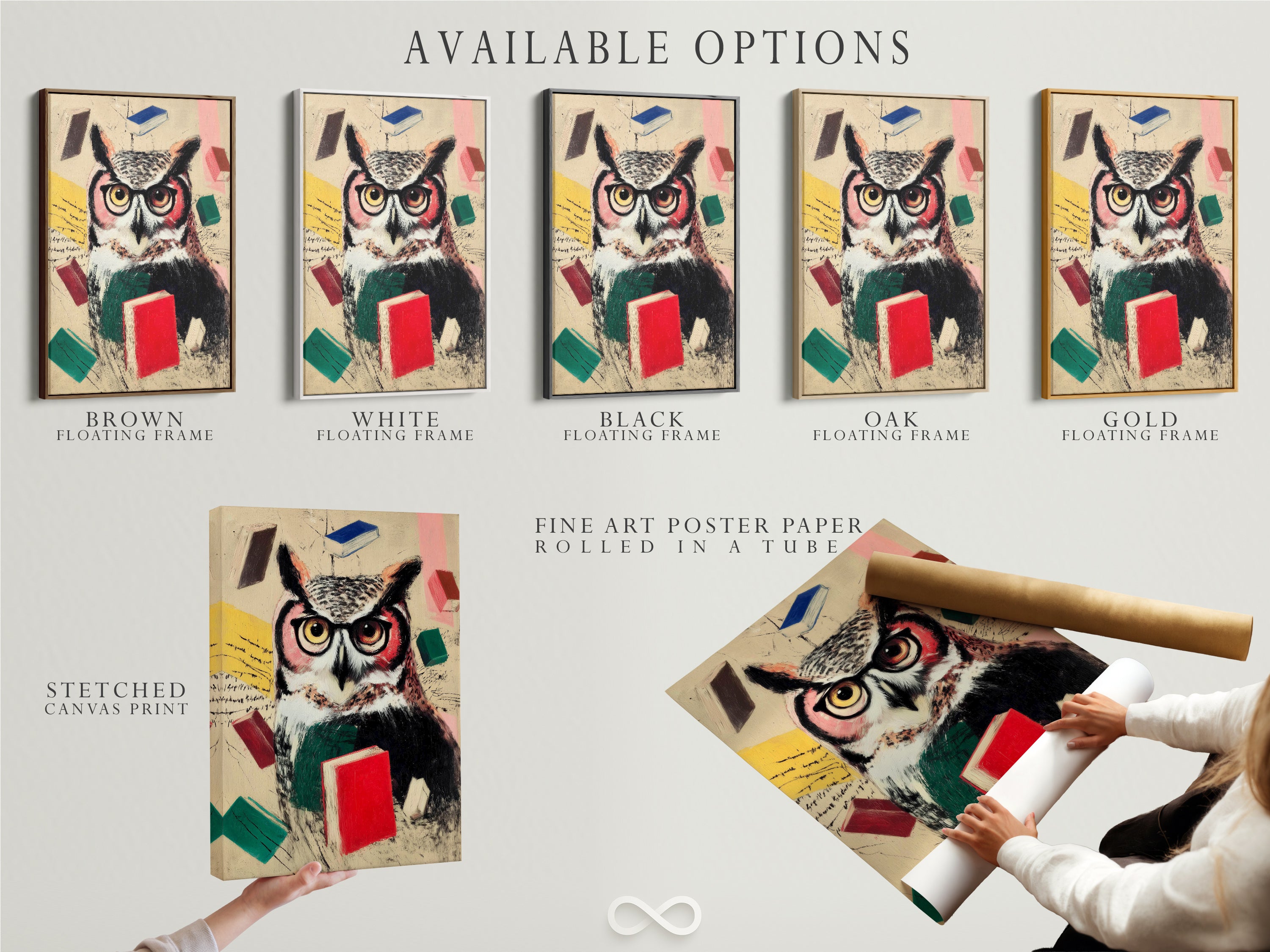 Explore available options for this wise owl artwork. Choose from a stretched canvas print a fine art poster paper or a floating frame. Perfect for study rooms and academic spaces. Find your ideal piece today.