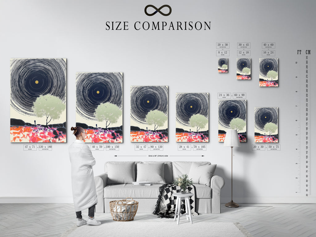 An interior shot features a size comparison chart for our art prints. This handy guide helps you visualize the perfect fit for your space. Choose the ideal size for your abstract wall art or bedroom wall decor.