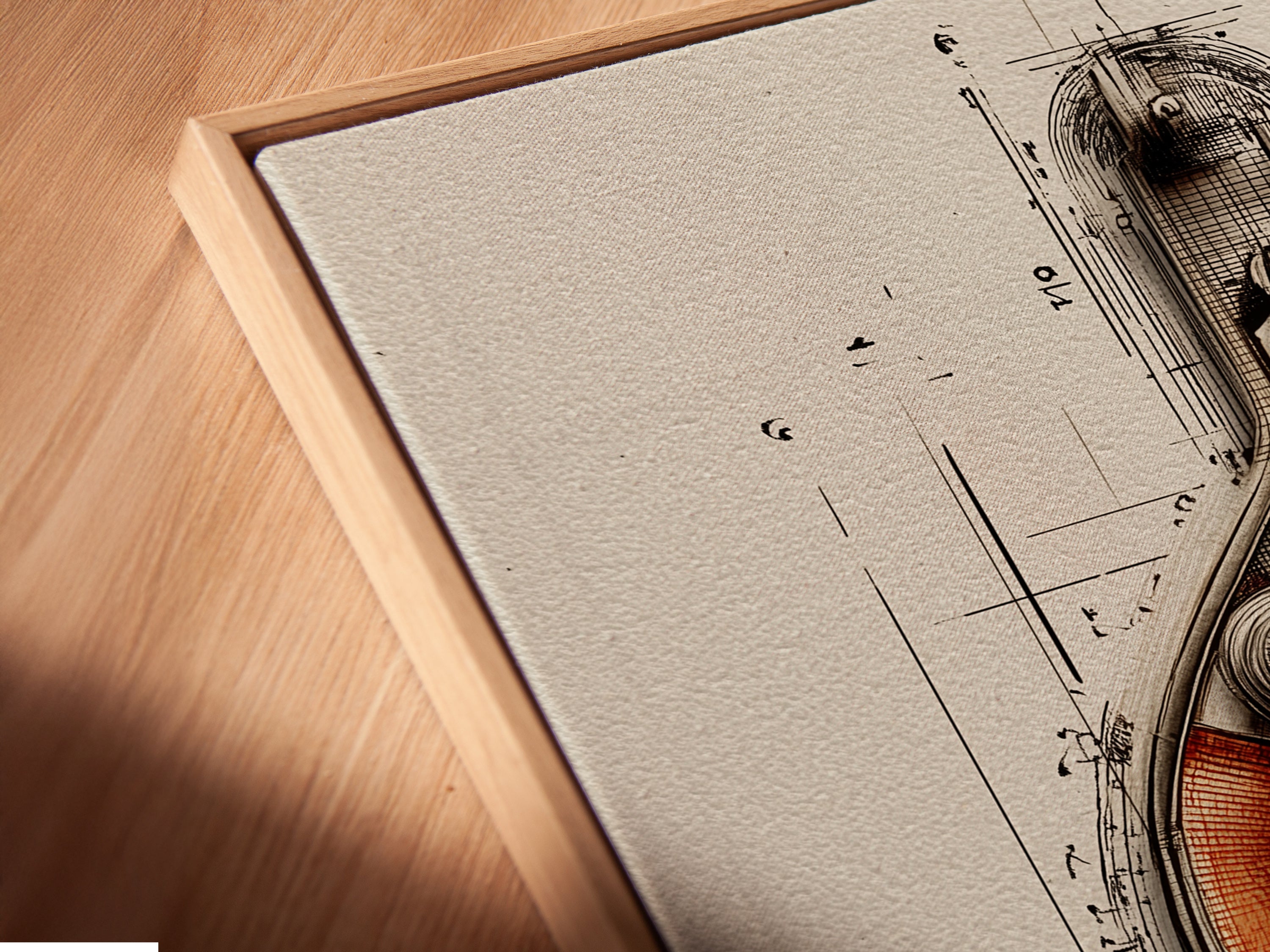 A close-up angled view reveals a canvas print in a floating frame. The steampunk music note artwork showcases mechanical gears. This treble clef print is ideal for industrial decor. This cog print appeals to music enthusiasts and art collectors.