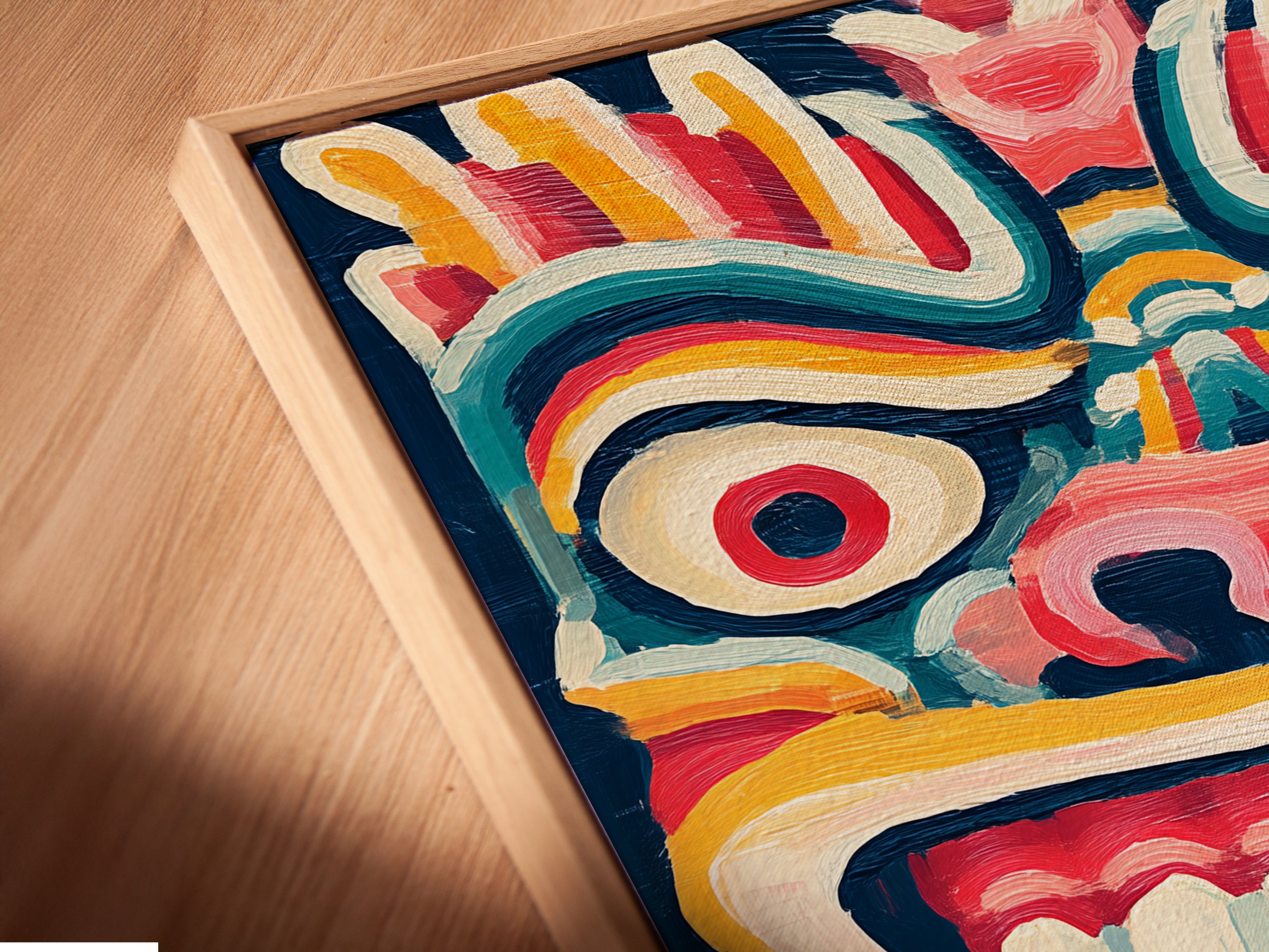 A close-up angled view of a canvas print in a floating frame. The tribal mask artwork is vibrant and colorful. This graphic print enhances eclectic decor. It is perfect for adding a bohemian touch to any room.