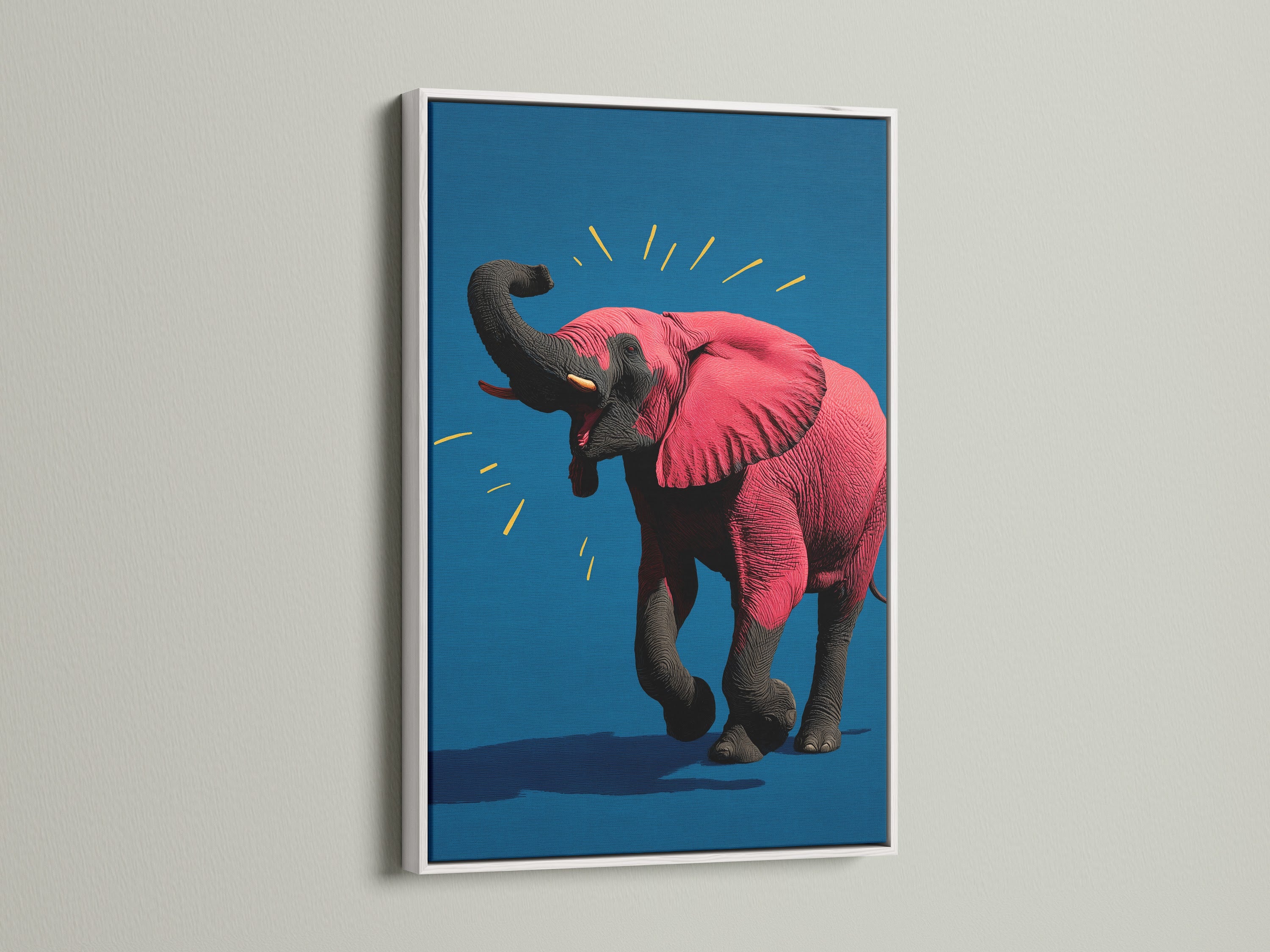 The pink elephant artwork is beautifully presented in a clean white frame. This contemporary animal canvas print is ideal for nursery wall decor. The vibrant pop art adds a playful touch to any room. The white frame enhances the artwork's bright and cheerful appearance.