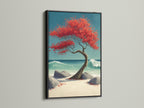 Coastal Tree Canvas Print with a black frame. The artwork presents a red bonsai tree on a beach with turquoise ocean waves. This ocean waves art makes a bold statement. Shop now for coastal wall art to elevate your decor.