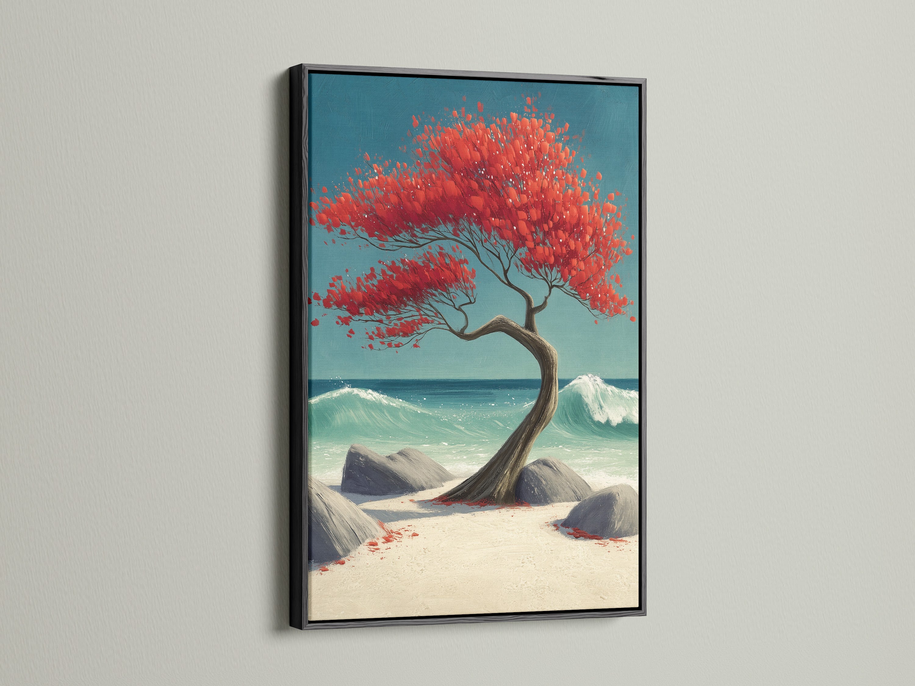 Coastal Tree Canvas Print with a black frame. The artwork presents a red bonsai tree on a beach with turquoise ocean waves. This ocean waves art makes a bold statement. Shop now for coastal wall art to elevate your decor.