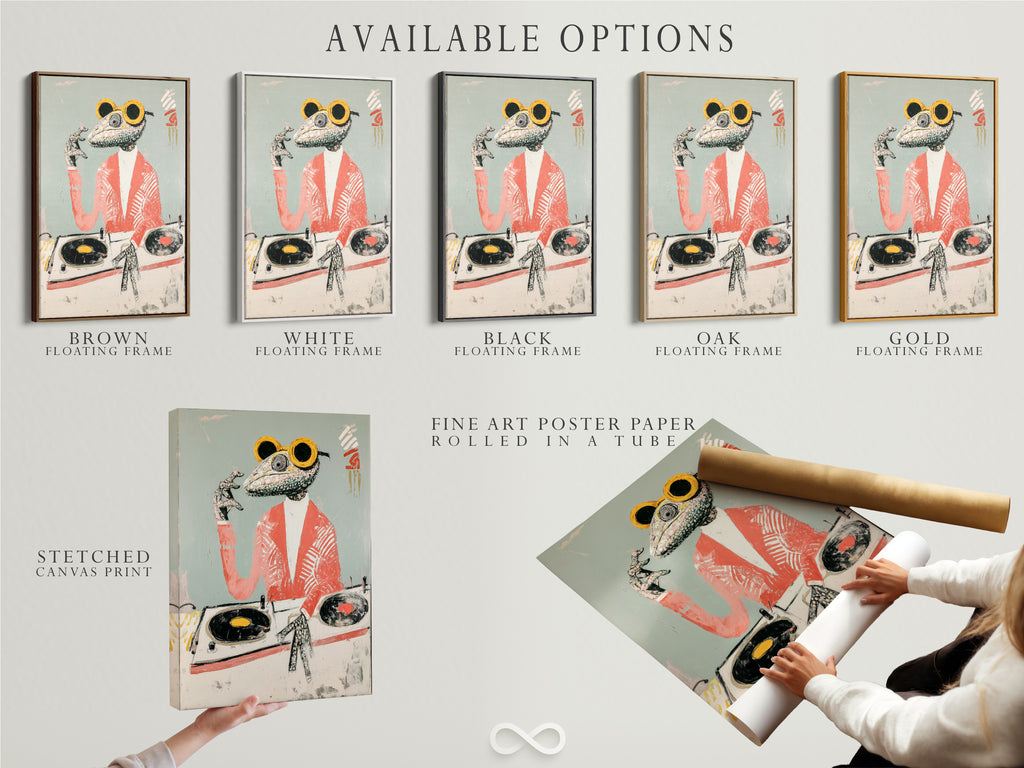 Available options are displayed including stretched canvas print fine art poster paper and floating frame. Customize your Frog DJ art. Select the perfect format for your retro music poster and quirky animal artwork. Elevate your space today.