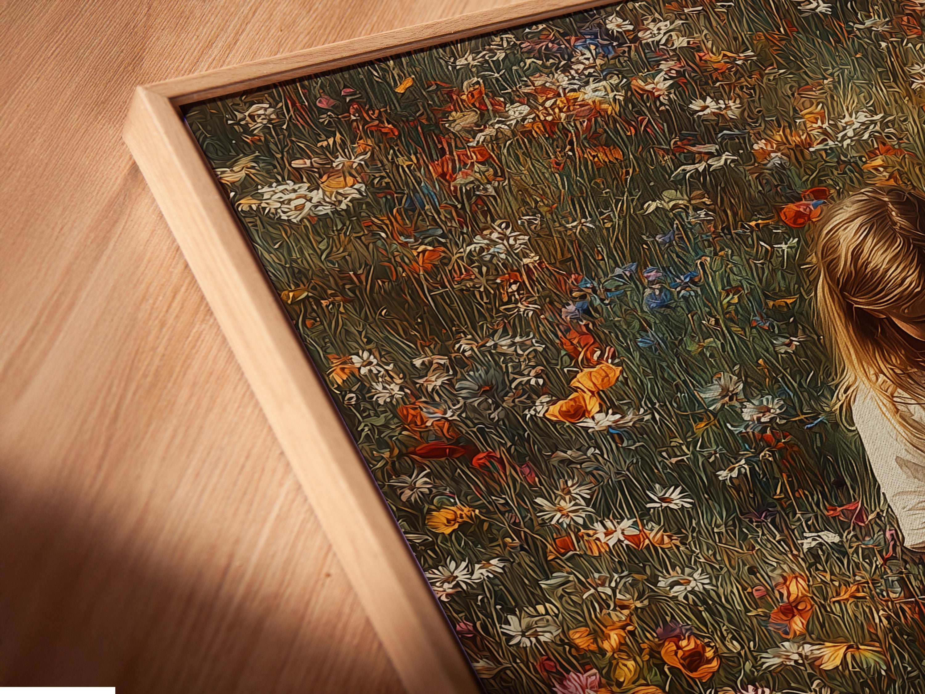 Angled close up of a canvas print in a floating frame. The floating frame creates a modern and sleek look. It makes the artwork appear to float. This enhances the overall presentation. It adds depth and dimension.