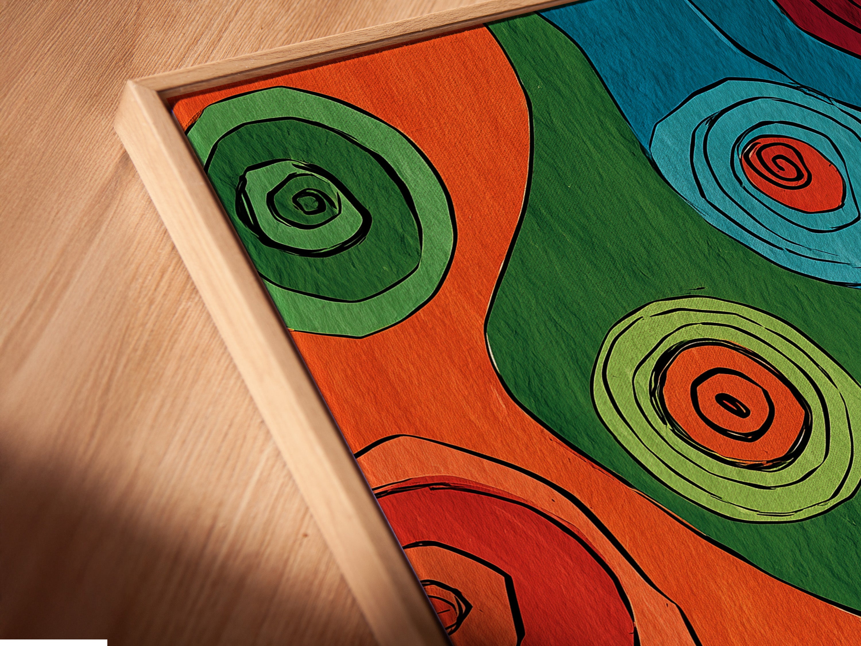 A close-up angled view of a canvas print in a floating frame. The floating frame gives the artwork a modern and sophisticated look. The canvas print is beautifully showcased. This framing style adds depth and dimension to the piece. It's perfect for showcasing artwork in a gallery-like setting.