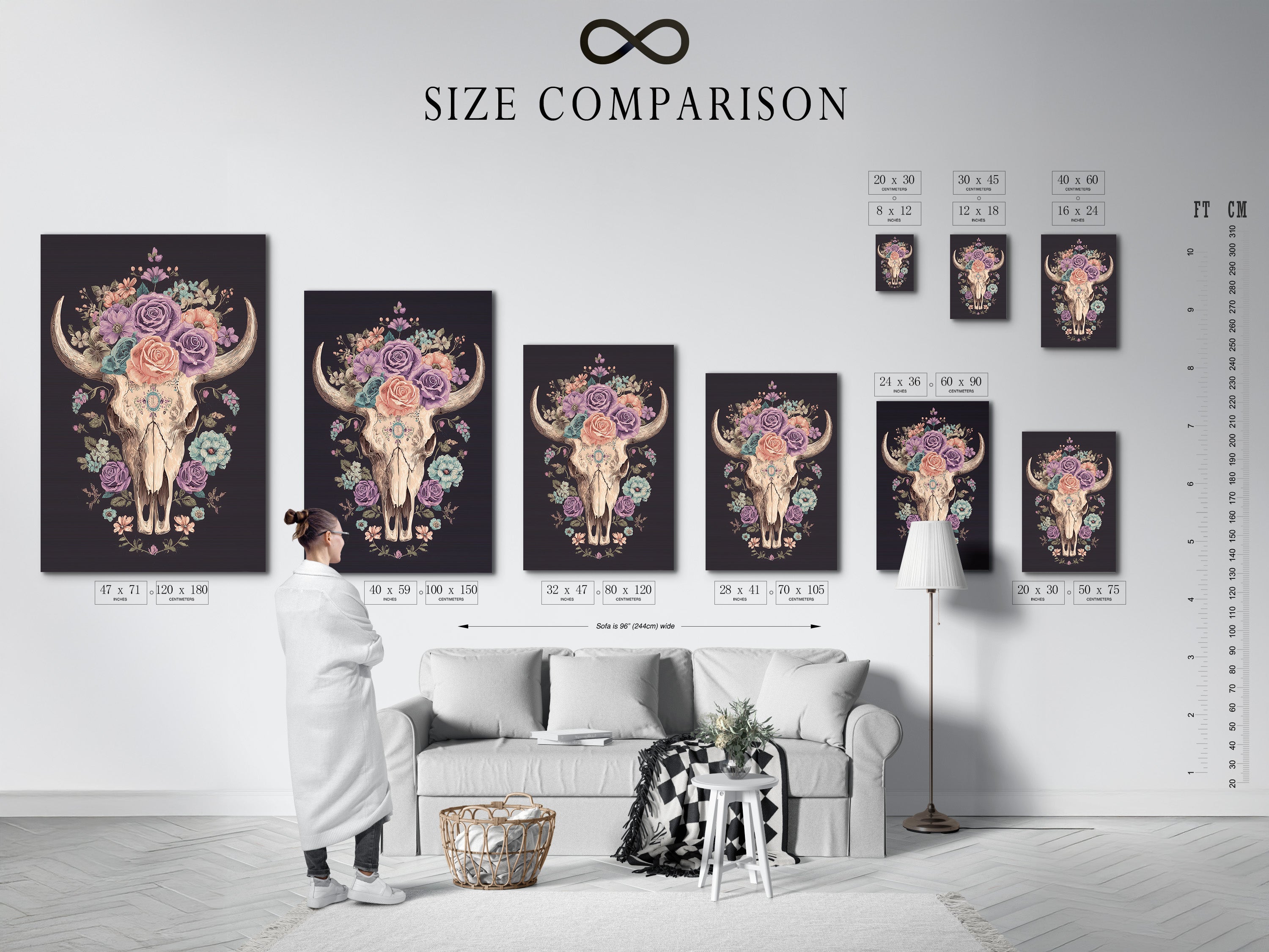 Size comparison chart in an interior setting. See how different art print sizes look in a room. The chart helps visualize the perfect size for your space. Choose the best fit for your artwork. Transform your interior with the right size art.