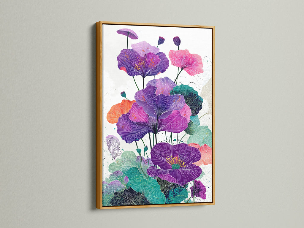 Elegant floral canvas artwork showcased in a gold frame. The gold frame adds a touch of luxury to this modern flower artwork. Perfect for creating a sophisticated ambiance in your bedroom. Explore our range of purple home decor. This floral artwork will enhance any space.