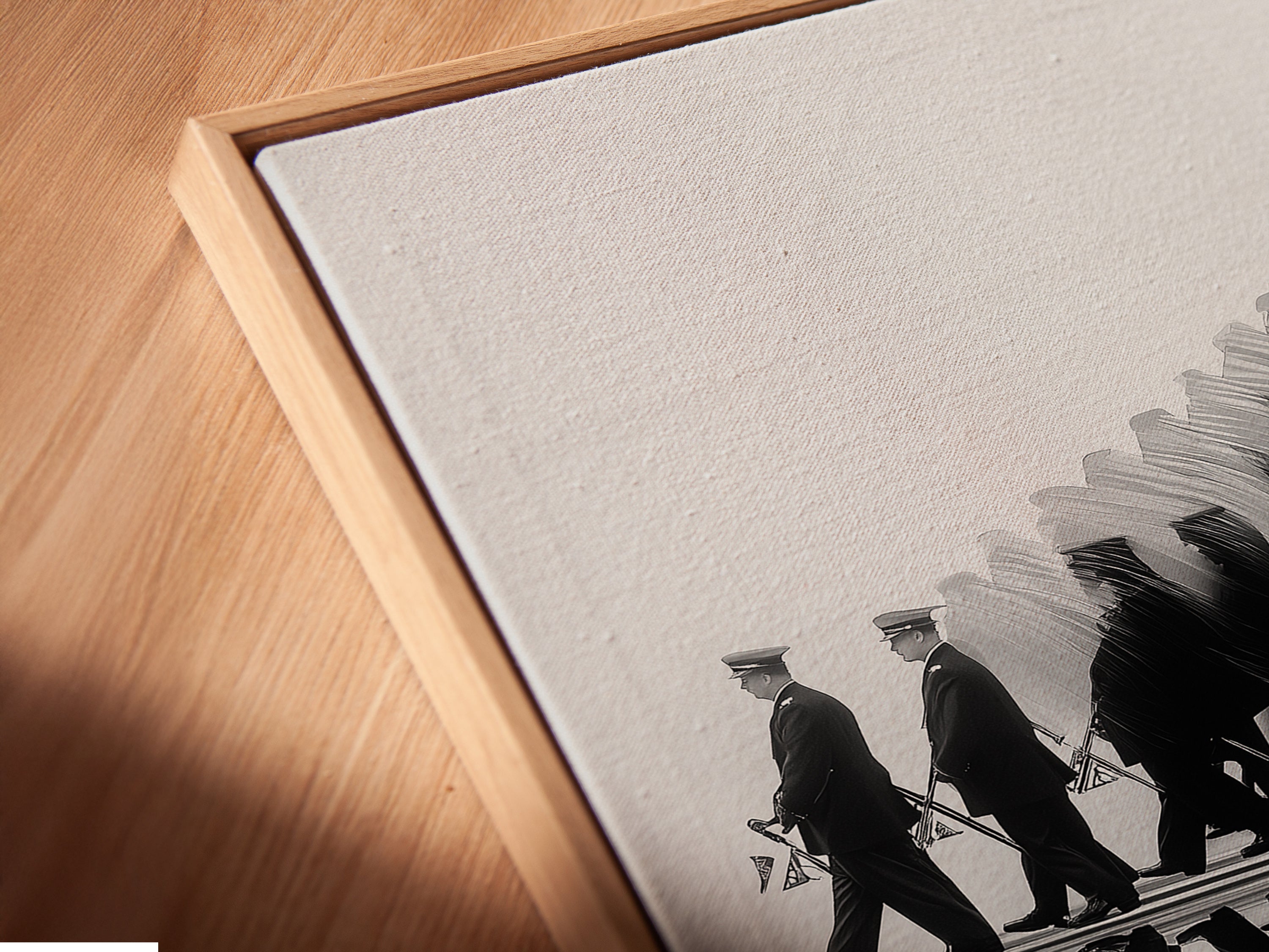 A canvas print of a marching band in a floating frame close up shot. The black and white reflection print is a modern art piece. Ideal for contemporary spaces. Enhance your office wall art study decor or music room with this unique art.
