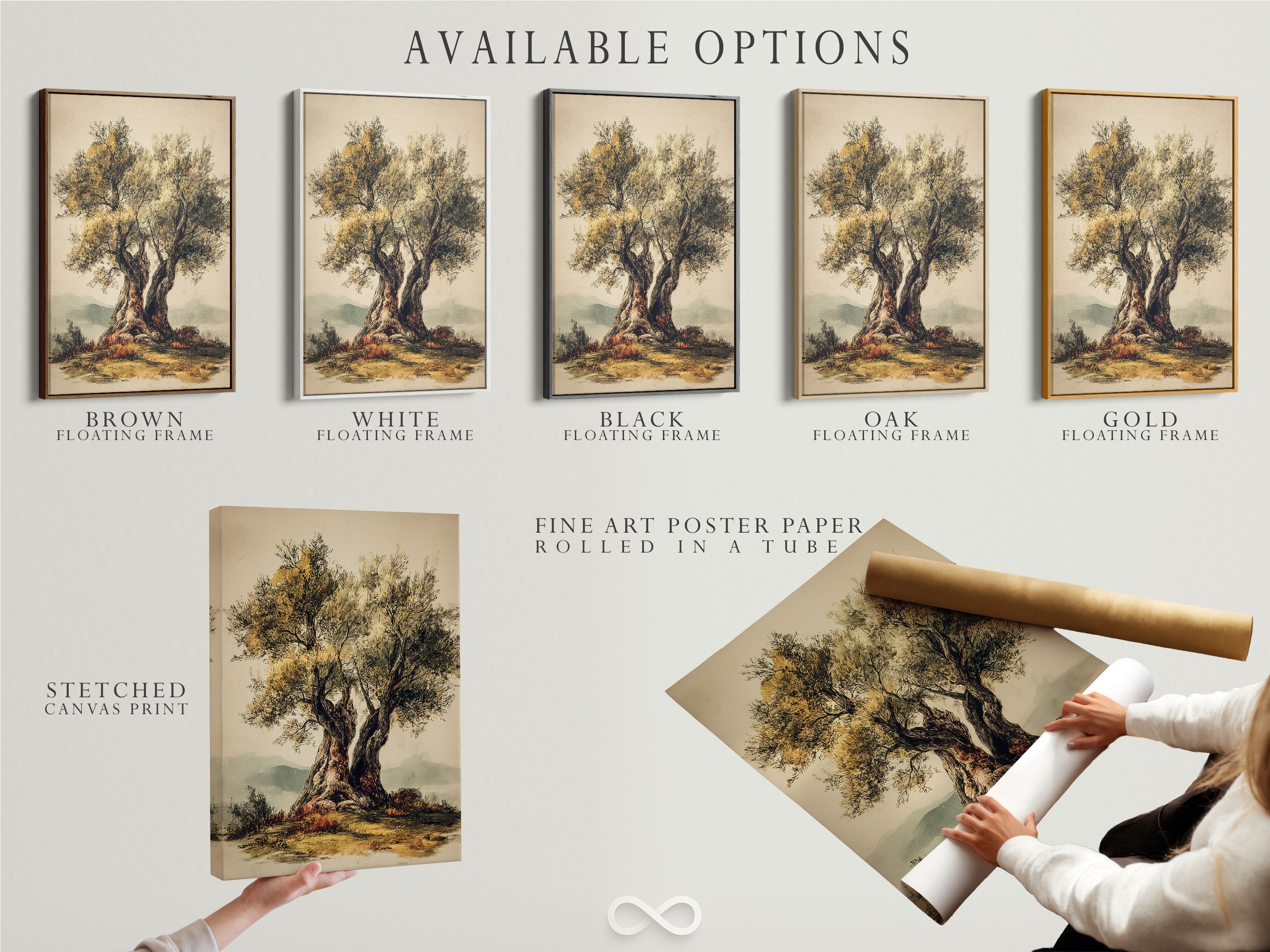 Available options include a stretched canvas print fine art poster paper and a floating frame. Choose the best option for your artwork. Each option offers a unique look. Customize your art.