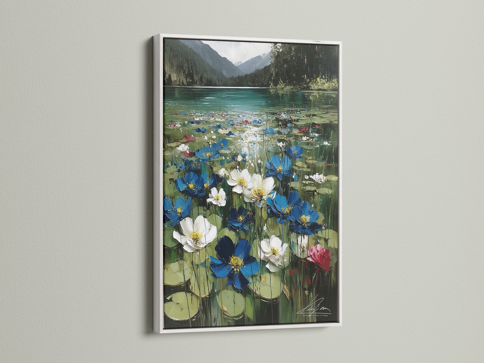 Floral Lake canvas artwork with a white frame. A white frame offers a clean modern look. It allows the blue white floral artwork to stand out. Perfect for any home decor.
