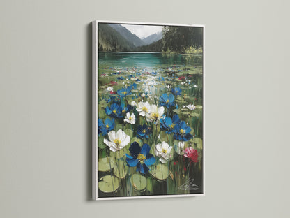 Floral Lake canvas artwork with a white frame. A white frame offers a clean modern look. It allows the blue white floral artwork to stand out. Perfect for any home decor.