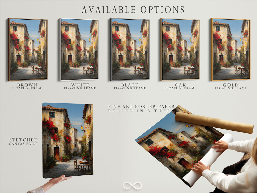 Available options for artwork display. Choose from stretched canvas prints and fine art poster paper. Consider a floating frame for added elegance. The artwork is a beautiful street scene. Customize your art to match your style. Discover endless possibilities for displaying artwork.