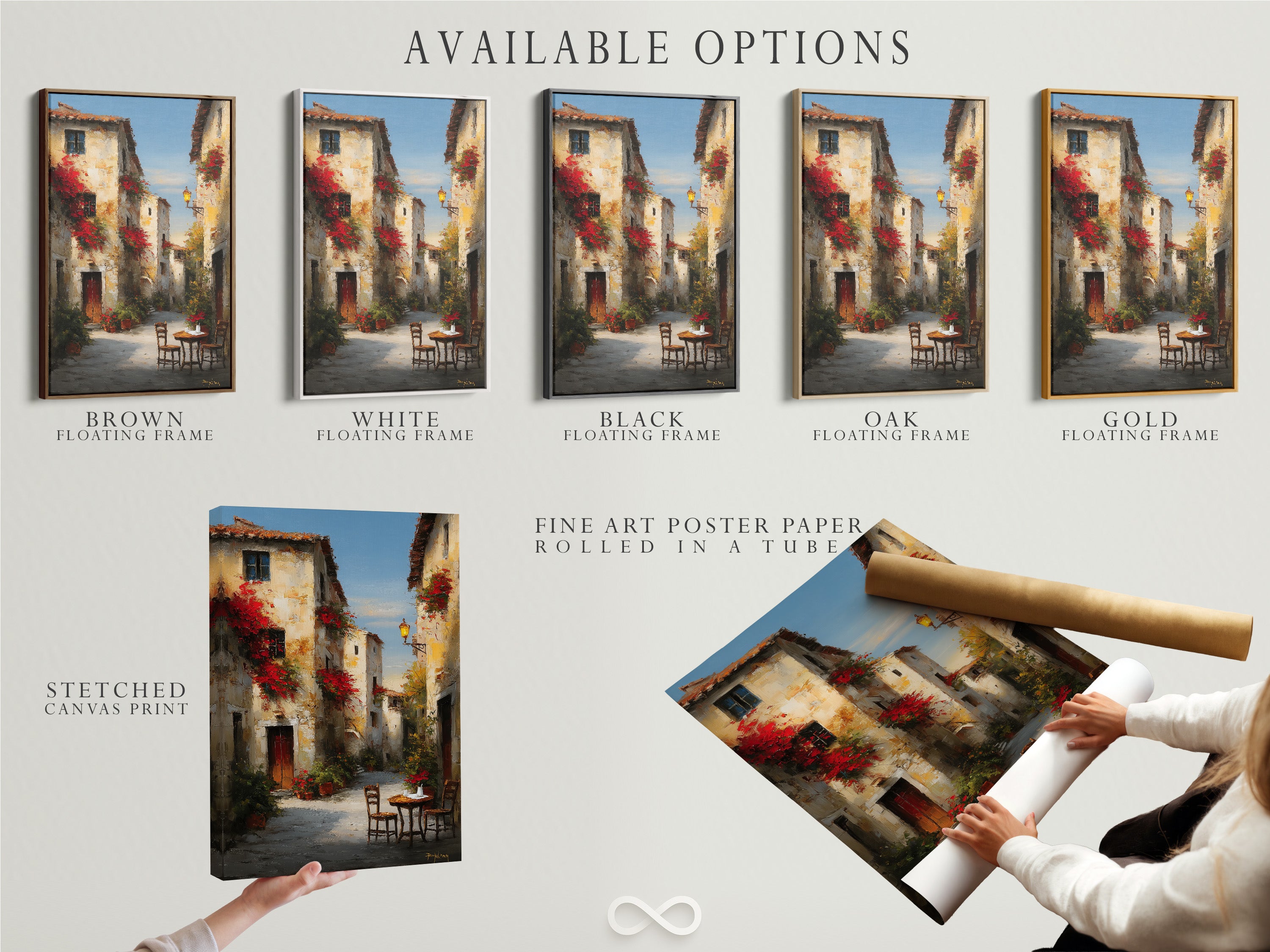 Available options for artwork display. Choose from stretched canvas prints and fine art poster paper. Consider a floating frame for added elegance. The artwork is a beautiful street scene. Customize your art to match your style. Discover endless possibilities for displaying artwork.