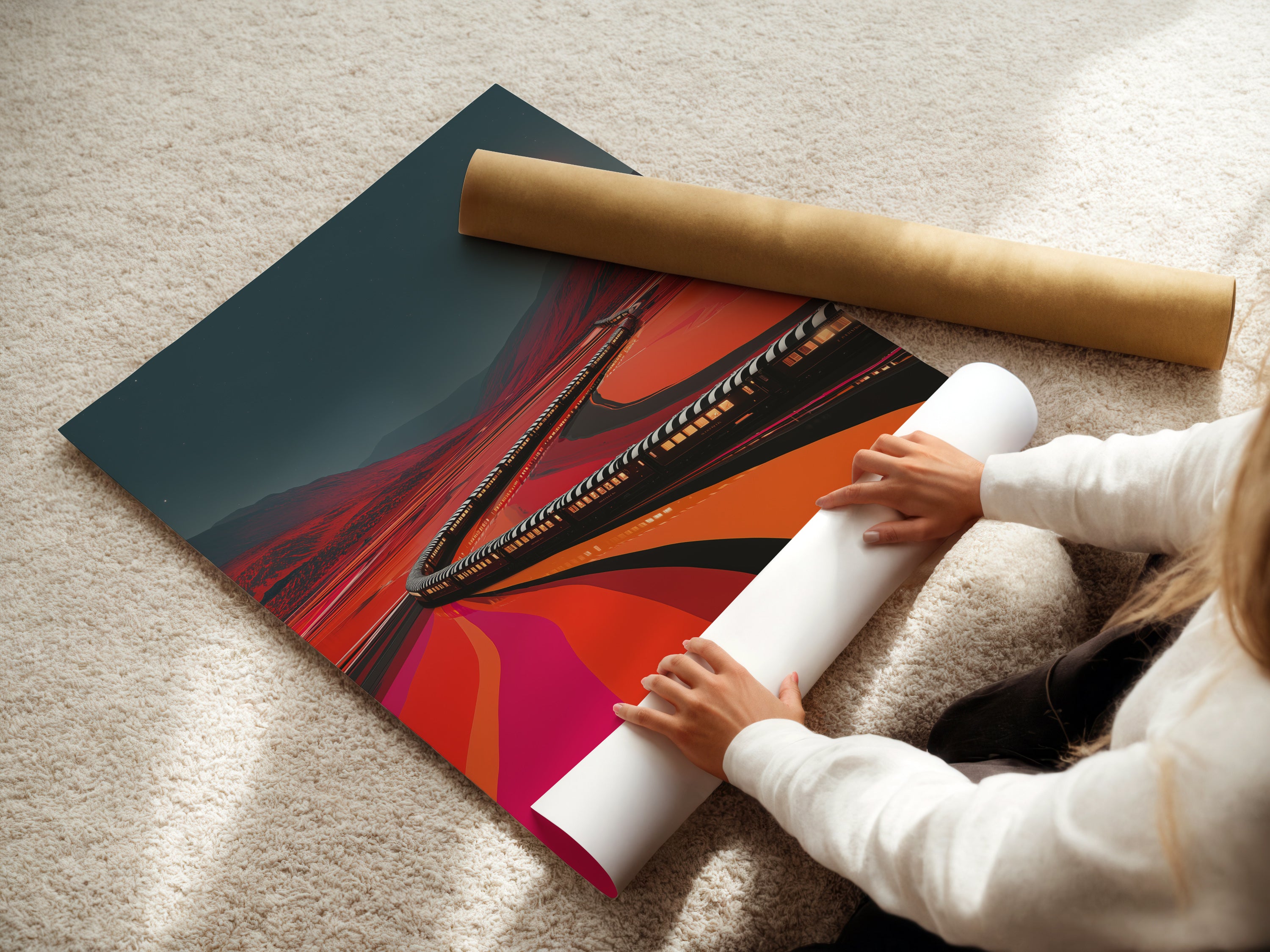 A woman rolling a fine art poster paper of the Train Journey artwork. The fine art poster paper ensures high quality. This retro railroad print captures every detail. Earth tone decor at its best.