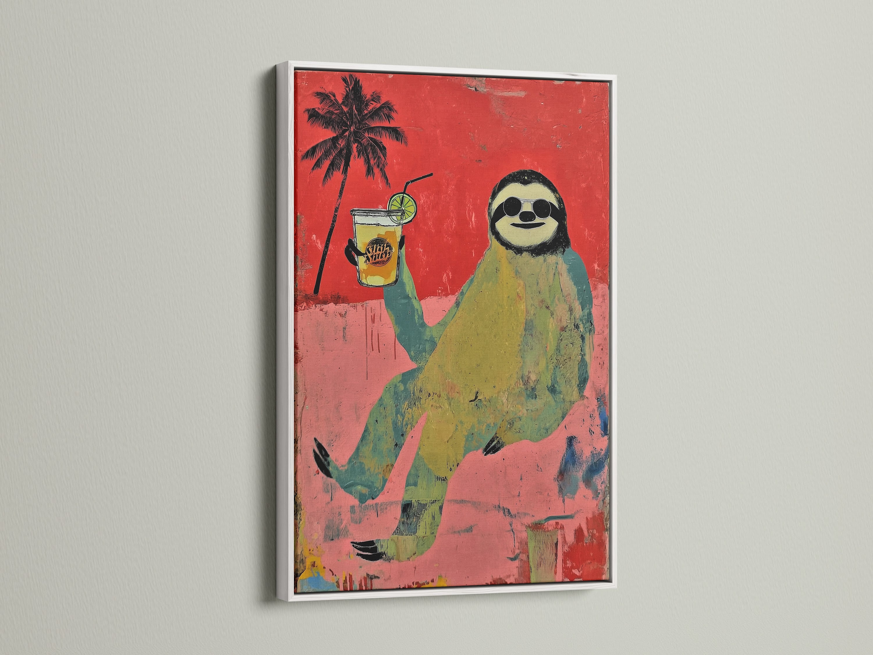 A white frame surrounds a sloth artwork creating a clean look. This funny animal art adds character to any bedroom. It is great for beach wall decor. The artwork brings a summer art prints feel.
