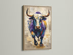 The artwork features a bull in an oak frame. The oak frame adds a touch of warmth to the piece. The bull artwork is bold and colorful. It is sure to make a statement in any room. This piece is perfect for adding personality to your home decor.