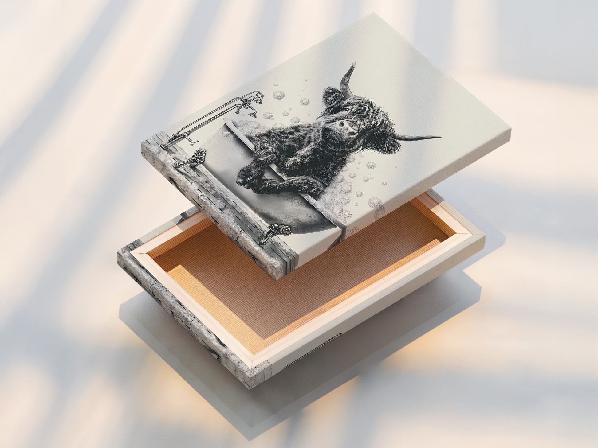Stretched canvas print featuring a Highland Cow in a Bathtub. The artwork showcases a Scottish cow enjoying a bubble bath. It is a charming piece of bathroom wall art. Farm animal art brings a touch of whimsy to any space. Perfect for farmhouse decor and cow enthusiasts. It enhances any room's aesthetic.