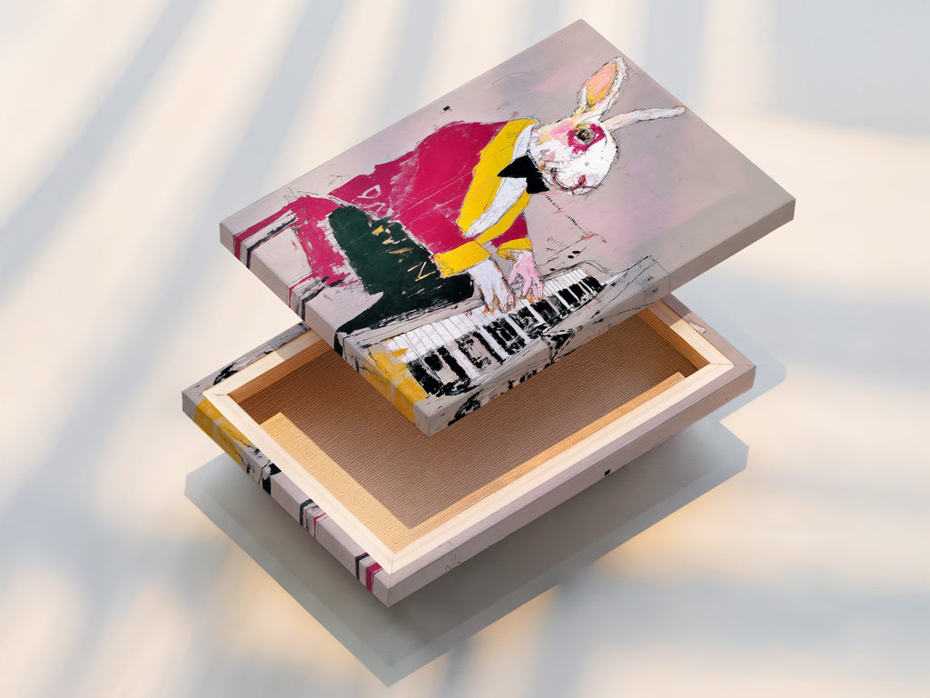 A stretched canvas print of the Rabbit Pianist artwork. This whimsical animal wall art is ready to hang. Contemporary mixed media canvas perfect for music room decor. Add a touch of artistic charm. Perfect for any living space.
