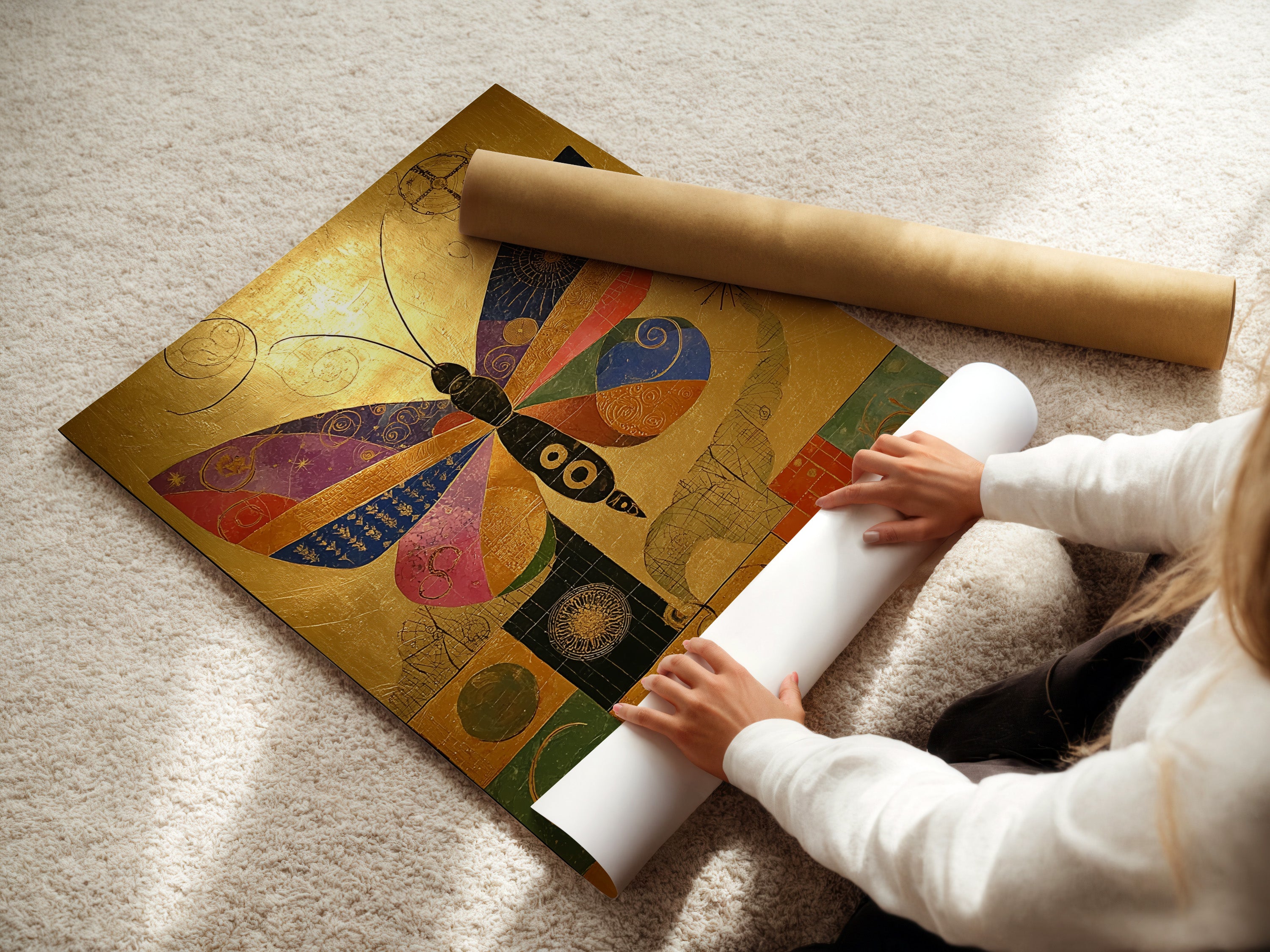 A woman is carefully rolling fine art poster paper. She is preparing it for framing. The image shows attention to detail. It highlights the care in handling fine art. Ready for display.
